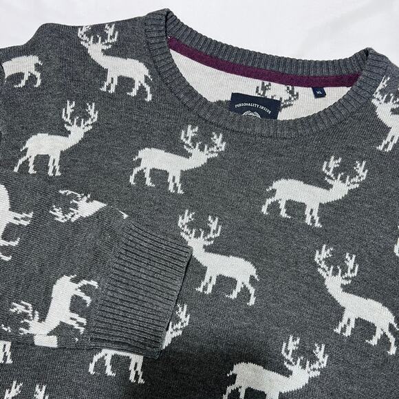 Lerros XL Reindeer Knit Sweater Gray Crewneck Winter Holiday Nordic Pullover - Picture 7 of 11